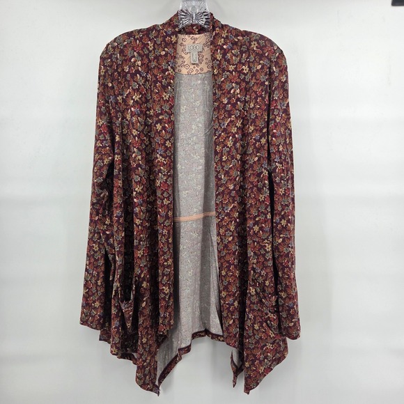 LOGO Lori Goldstein Sweaters - LOGO Lori Goldstein Cardigan L Burgundy Floral Sharkbite Boho Eclectic Aesthetic